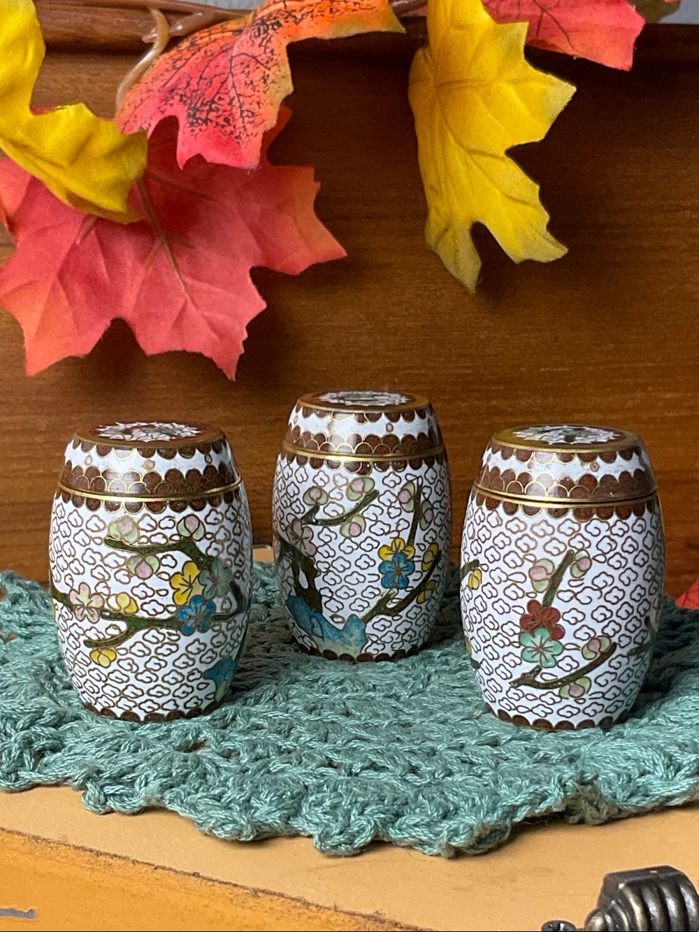 Set of 3 Vintage Floral Enamel mini Cloisonné 2.5” Lidded Jars